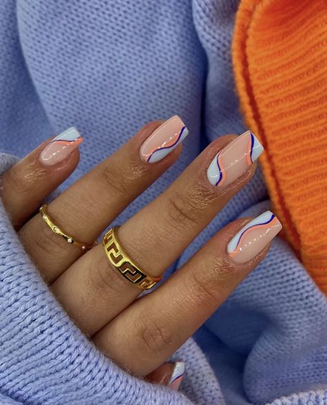 Indian Nails, Colorful Swirls, Blue Nail Art Designs, Navy Nails, Orange Nail Designs, Navy Blue Nails, Short Fake Nails, Short Press On Nails, Spring Acrylic Nails