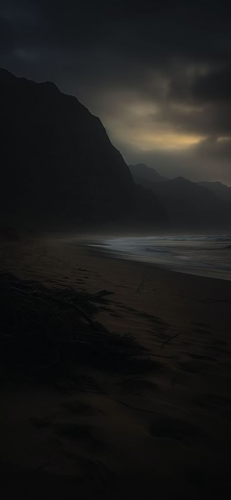 Curious Tides Aesthetic, Deserted Island Aesthetic Dark, Moody Beach Aesthetic, Beach Dark Aesthetic, Dark Coastal Aesthetic, Curious Tides, Dark Tropical Aesthetic, Black Ocean Waves, Black Sand Beach Wallpaper