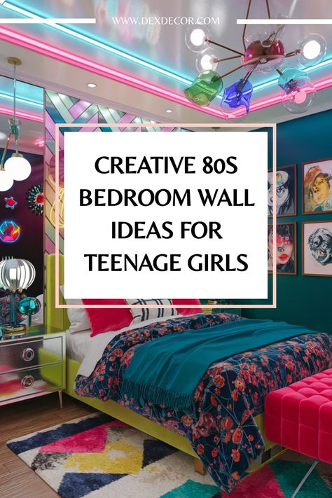 Colorful 80s-themed bedroom with vibrant wall decor and neon lights, featuring ideas for teenage girls. 80s Style Bedroom, 90’s Bedroom, Retro Bedroom Aesthetic, 80s Room Aesthetic Retro, Fun Bedroom Decor, 1980s Bedroom, 90s Bedroom Aesthetic, Bedroom Wall Ideas, 80s Room Aesthetic