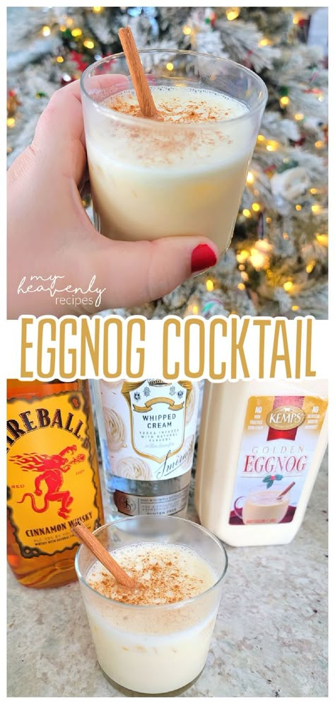 eggnog cocktail Fireball Punch Recipe, Fireball Eggnog, Egg Nog Cocktail, Whipped Cream Vodka Recipes, Whipped Vodka Drinks, Eggnog Cocktail Recipe, Easy Christmas Drinks, Whisky Drink, New Years Eve Cocktail