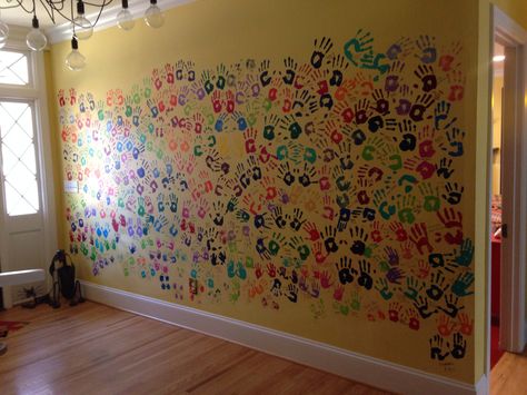 Hand print wall Hand Print Wall, Handprint Wall, Memory Wall, Dopamine Decor, Crazy Cakes, Dream Living, Kids Church, Church Decor, Kids Rooms