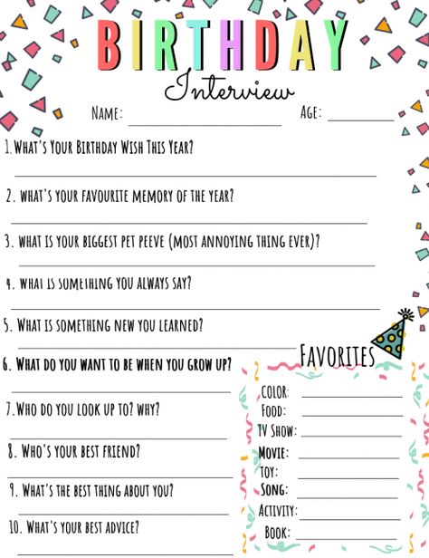 Annual Birthday Interview Questions Free Printable – Cenzerely Yours Favorites Questionnaire, Birthday Interview Questions, Birthday Interview Printable, Birthday Questions, Birthday Interview, Birthday Morning, Birthday Party Game, Birthday Traditions, Birthday Activities