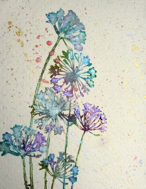 Sparkling Weeds watercolor | I used one of my favorite stamp… | Flickr Pearlescent Watercolor Art, Pearlescent Watercolor Paintings, Pearlescent Painting, Metallic Watercolor Art, Metalic Watercolour, Metallic Watercolor Painting Ideas, Metallic Watercolor Painting, Pearlescent Watercolor, Illustrated Flowers