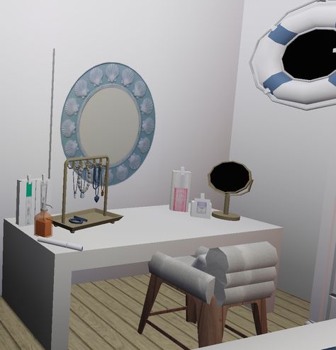 vanity idea Vanity Bloxburg, Bloxburg Vanity Ideas, Bloxburg Vanity, Codes Wallpaper, Built In Vanity, Decals Codes, Bloxburg Houses, Bloxburg Decals Codes Wallpaper, House Decorating Ideas Apartments