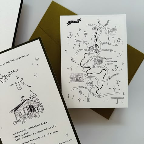 Designed for a couple who shares a passion for mountain adventures and long-distance cycling, their dream wedding awaits amidst the snow-capped peaks of Stowe ❄️ Map Invitation Wedding, Wedding Invite Map, Map Design Ideas, Adventure Invitation, Cool Wedding Invitations, Flat Florals, Abba Tattoo, Wedding Personal Touches, Doodle Wedding