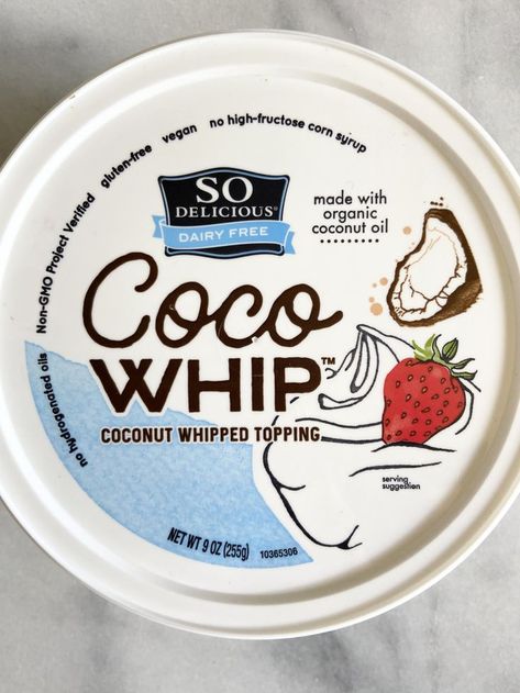 tub of store bought dairy free whipped cream Cocowhip Recipe, Milk Allergy Mom, Coconut Whip, Dairy Free Whipped Cream, Whipped Cream Topping, Milk Allergy, Dairy Free Alternatives, Free Groceries, Coconut Whipped Cream