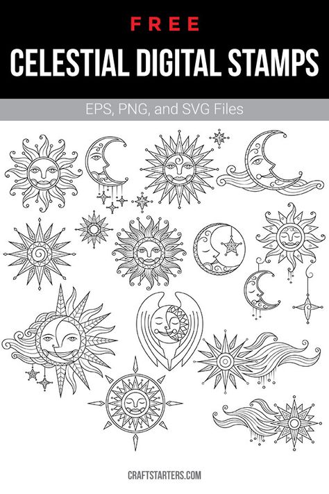 Celestial Svg Free, Celestial Art Tattoo, Witchy Svg Free, Random Designs Pattern, Moon Doodle Art, Bujo Grimoire, Celestial Tattoo Ideas, Black And White Clip Art, Celestial Svg