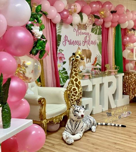 Princess/Safari Baby Shower Party Ideas | Photo 20 of 22 | Catch My Party Safari Theme Baby Shower Ideas Girl, Girl Safari Baby Shower Ideas, Pink Safari Centerpieces, Pink Safari Theme, Pink Safari Baby Shower, Pink Safari Baby Shower Ideas, Safari Theme Baby Shower With Pink, Pink Jungle Party Safari Theme, Safari Shower Ideas