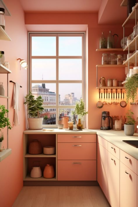 Small Colourful Kitchen, Beige Tile Kitchen, Kitchen Greenery, Pink Kitchen Walls, Peach Kitchen, Scandi Kitchen, Colourful Kitchen, Pastel Kitchen, Peach Walls