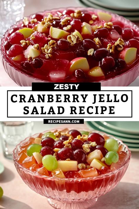 I absolutely love making this Zesty Cranberry Jello Salad! It's the perfect blend of sweet and tart, packed with fresh fruits like apples and grapes, and topped with crunchy walnuts. This colorful dish is not only a treat for the taste buds but also a stunning centerpiece for any gathering. Trust me; your guests will be asking for seconds! Cranberry Jello Fluff Salad, Fruit Jello Recipes, Cranberry Ambrosia Salad, Apple Jello Salad, Christmas Jello Salad, Cranberry Jello Salad Recipe, Blackberry Jello, Cranberry Chicken Salad Recipe, Jello Salad Recipes