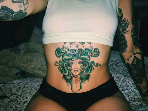 Medusa Tattoos For Women, Tattoo Medusa, Medusa Tattoos, Traditional Black Tattoo, Stomach Tattoos Women, Stomach Tattoo, Medusa Tattoo, Sketch Tattoo Design, Stomach Tattoos