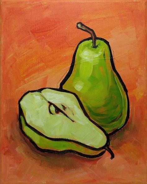 Abstract Fruit Painting Acrylics, Abstract Fruit Painting, Fruit Painting Acrylic, Still Life Painting Acrylic, Pear Painting, Fruits Painting, Pear Art, Small Canvas Paintings, Acrylic Painting Lessons