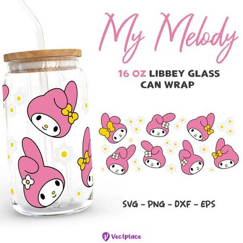 My Melody Libbey Can Glass Wrap 16oz SVG #sublimationdesigns #tumblerdesigns #vinyldesigns #sublimationideas #tumblerwraps #svg Cricut Cups, Glass Tumbler Design, Beer Glass Cups, Can Glass Wrap, Glass Wrap, Custom Tumbler Cups, Custom Cups, Silhouette Png, Starbucks Cup