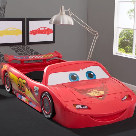 Delta Children Disney/Pixar Cars Lightning Mcqueen Covertible Toddler Bed with Lights and Toy Box | Wayfair Lightning Mcqueen Bed, Lightning Mcqueen Bedroom, Bed With Lights, Toddler Platform Bed, Twin Bed Headboard, Toddler Car Bed, Twin Car Bed, Twin Car, Kids Car Bed