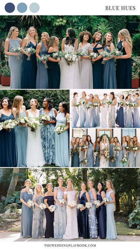 Cerulean Bridesmaid Dresses, Blue Shades Bridesmaids, Wedding Color Dresses, Bridesmaids Dusty Blue, Winter Bridesmaid Dress Colors, Different Shaded Blue Bridesmaid Dresses, Bridesmaids Dresses Dusty Blue, 3 Color Bridesmaid Dresses, Stone Blue Bridesmaid Dresses