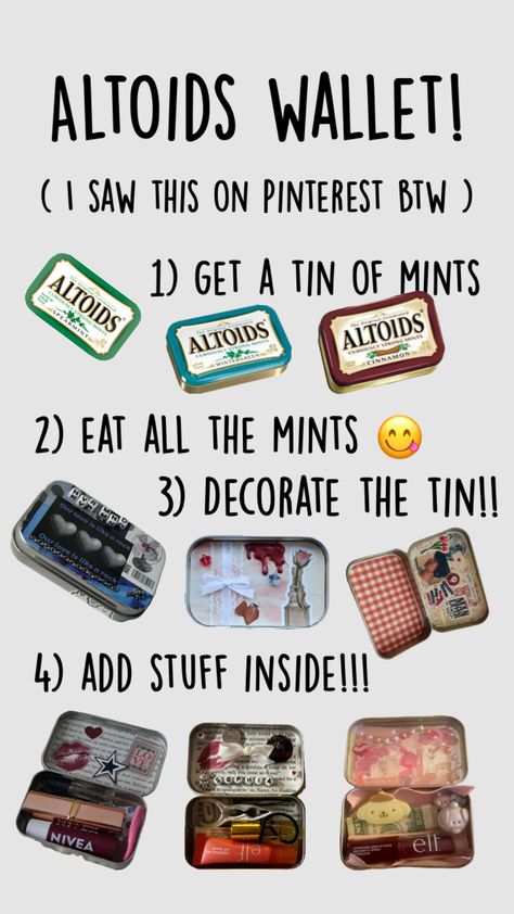 Altoids wallet!! #altoidswallet Trip Essentials Packing Lists, Mint Tin Crafts, Altoids Tins, Mint Tins, Pinterest Diy Crafts, Things To Do When Bored, Bullet Journal Ideas Pages, Art Journal Inspiration, Cute Crafts