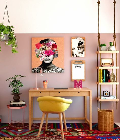 Home Office Decor Colorful, Maxamilist Home Office, Fun Home Office Design, Home Office Colorful, Maximalist Home Office, Colourful Home Office, Female Home Office, Maximalist Office, Fun Home Office