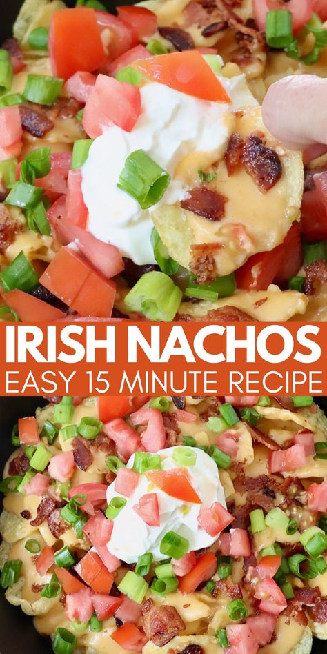 nachos with cheese sauce in a skillet, topped with sour cream, diced tomatoes and diced green onions Food To Make At Home, Irish Nachos, Reuben Sandwiches, Beer Cheese Sauce, Easy Nachos, Game Day Appetizers, Party Snack, 15 Minute Meals, Beer Cheese