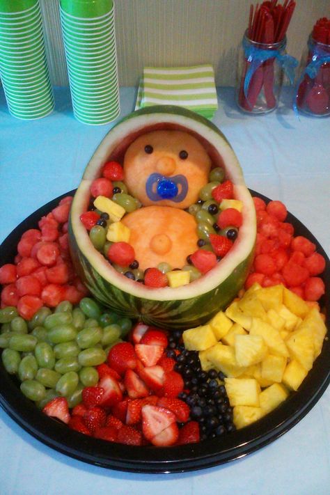 Outdoor baby shower snacks - Gender reveal food ideas appetizers from CoEd Baby Shower Ideas For Outdoor Jack and Jill Couples Showers Baby Fruit Bowl, Baby Watermelon Fruit Bowl, Baby Shower Fruit Salad, Fruit For Baby Shower Ideas, Fruit Trays For Baby Showers, Baby Shower Fruit Tray Ideas, Fruit Baby Shower Ideas, Baby Shower Fruit Ideas, Couples Gender Reveal