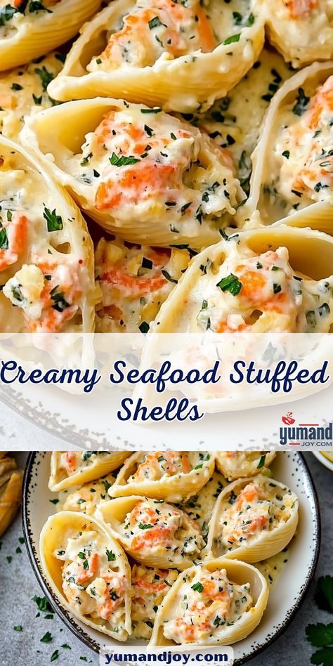 These luxurious seafood stuffed shells are filled with tender lobster, lump crab, and a creamy, garlicky cheese mixture. Baked under a rich Parmesan sauce, this elegant yet easy dish is perfect for impressing guests or treating yourself! Stuffed Scallops In Shell, Lobster Stuffed Shells, Fancy Seafood Dishes, Seafood Stuffed Shells Recipe, Seafood Stuffed Shells, Pasta Dough Recipes, Creamy Seafood, Shells Recipe, Lump Crab