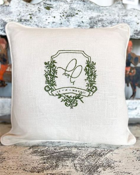 Mariana | Hibiscus Linens on Instagram: "When you want your wedding crest to live forever…upgrade your new home decor with a hand embroidered version of it! Or give a gift outside of their registry that they will cherish forever🤍 #handembroidery #handembroidered #stitching #embroidery #embroidered #handstitched #finelinens #inspo #pillows #embroideredpillow #weddinginspo #weddingcrest #interiorstyling #interiordesign #weddinggift" Give A Gift, Stitching Embroidery, Wedding Crest, New Home Decor, Embroidered Wedding, Live Forever, Living Forever, Fine Linens, Embroidery Ideas