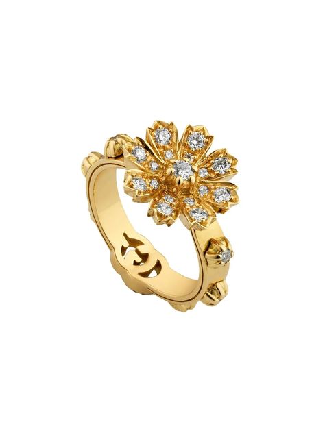 Shop gold & metallic Gucci 18kt yellow gold floral ring with Express Delivery - Farfetch Diamond Flower Ring, Gucci Flora, Designer Rings, Gucci Jewelry, Floral Ring, Diamond Guide, Diamond Flower, Gold Floral, Keep Jewelry