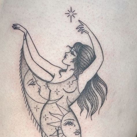 Sarah Whitehouse on Instagram Holiday Inspired Tattoos, Serene Tattoo Ideas, Two To Look One To See Tattoo, Witchy Women Tattoo, Witch Riding Broom Tattoo, Eye Vine Tattoo, Witchy Pinup Tattoo, Desi Tattoos For Women, Feminine Spiritual Tattoos