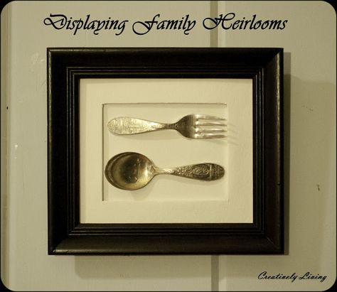 Family Heirloom Display, Family History Crafts, Genealogy Crafts, Free Frames, Family Frames, Old Frames, Vintage Silverware, Shadow Boxes, Diy Home Improvement