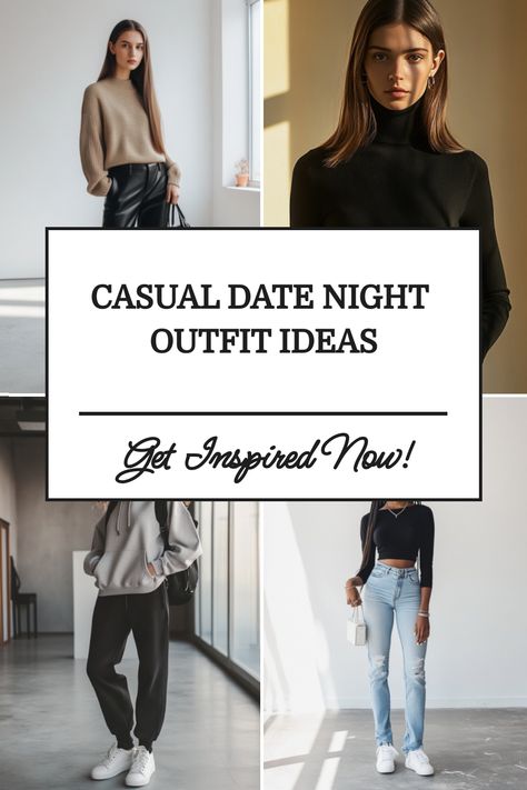 Collage of women modeling casual date night outfits with a text overlay: "Casual Date Night Outfit Ideas - Get Inspired Now!" Cute Night Out Outfits Casual, Cute At Home Date Outfits, Casual Cute Dinner Outfits, Movie Date Night Outfit Casual, Date Night Outfits For Women In 30s, Winter Casual Date Outfit, Cute Dinner Outfits Winter Night, Comfortable Going Out Outfits, Casual Outfit For Dinner With Friends