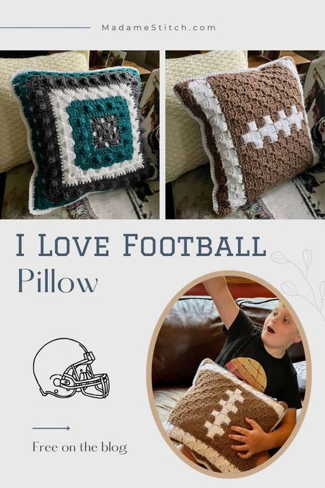 your Crochet Football Pillow Pattern Free, Crochet Team Spirit Patterns, Crochet Buffalo, Football Crochet, Football Pillow, Crochet Craft Fair, Football Backpack, Crochet Football, Football Pillows