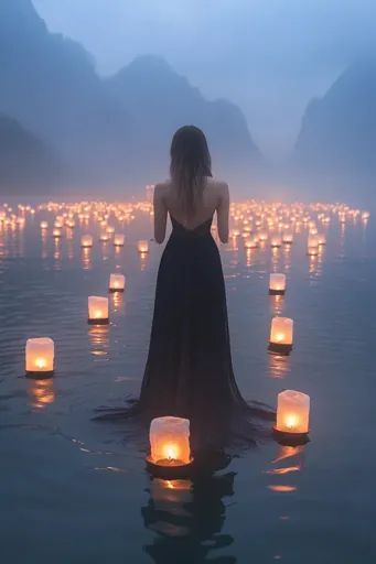 ↑↑↑ Larger size on website 🔸 A woman in a black gown stands in a still lake, surrounded by floating candles. The lake is calm and Lake At Night, Woman's Back, Floating Candles, Black Gown, At Night, A Woman, Floating, Lake, Lost