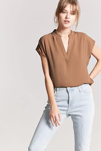 Mandarin-Collar Woven Top Mandarin Collar Shirt Women, Quilted Jacket Outfit, Long Sleeve Tops For Women, Sweaters Short, Ladies Tops Blouses, Work Wear Outfits, Ladies Blouse Designs, Awesome Blouse, Linen Fashion