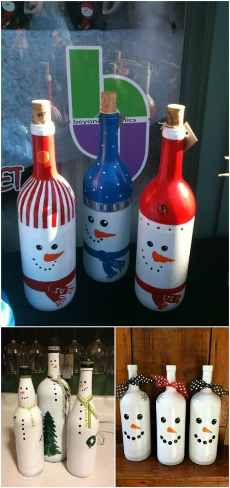 20 Festively Easy Wine Bottle Crafts For Holiday Home Decorating - So, Christmas decorating season is here. This is my absolute favorite time of year. I love decorating for the holidays and can’t wait until it’s time to get out the tree and set out the ornaments. Between baking those amazing Christmas sweets and decorating, there’s always time for DIYing. Let’s get started on some Christmas crafts with this collection of 20 easy wine bottle crafts that I’ve collected. Christmas Wine Bottle Crafts Diy, Holiday Wine Bottle Crafts, Snowman Wine Bottle, Wine Bottle Crafts Christmas, Holiday Wine Bottles, Cute Christmas Decorations, Painted Bottles, Bottle Ideas, Wine Craft