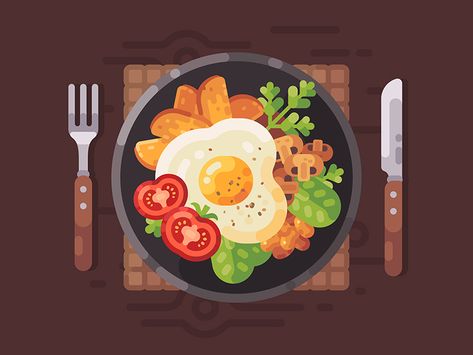 Breakfast by Ivan Dubovik Food Illustration Design, Illustration Landscape, Food Illustration Art, Flat Design Illustration, Poster Photo, Illustration Food, Affinity Designer, Digital Art Illustration, Food Drawing