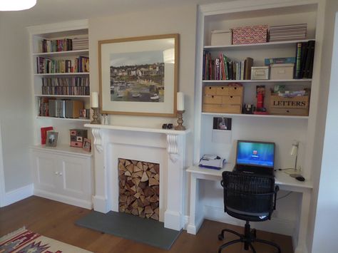 exeter alcove 5 Desk In Living Room Next To Fireplace, Desk Beside Fireplace, Built In Desk Near Fireplace, Built In Office In Living Room, Built In Desk In Cupboard, Bedroom With Alcoves Ideas, Built In Desk Fireplace, Built Ins Around Fireplace With Desk, Desk In Alcove Spaces