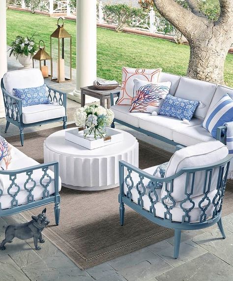 Stylish Patio Furniture, Sunroom Furniture, Blue Patio, Blue White Decor, Porch Furniture, Patio Furniture Ideas, Outside Patio, Outdoor Living Room, Outdoor Furniture Collections