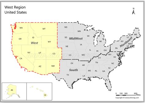 Map of Western Region, United States - Check the list of USA Western States with capitals, population, area in sq mi, largest city, and much more on Whereig. Time Zone Map, Us State Map, Western Borders, Western United States, States And Capitals, New England States, South American Countries, Western Region, North Las Vegas