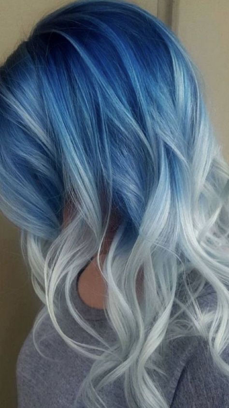 Blue To White Hair, White And Blue Hair Color, Blue And Platinum Hair, Silver And Blue Hair, Blue And White Hair, White And Blue Hair, White Highlights, Blue Highlights, Platinum Hair