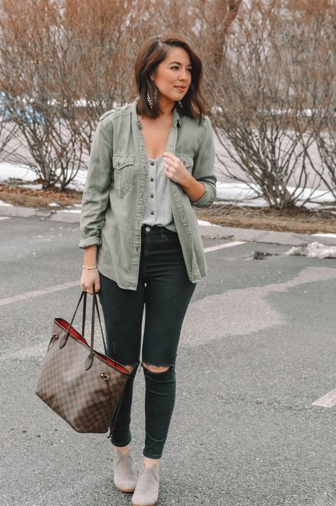 Styling a Utility Shirt   FF Link-Up! Utility Shirt Outfit, Utility Jacket Outfit, Casual Autumn Outfits, Green Cargo Jacket, Outfit References, Black Skirts, Shirt Outfits, Utility Shirt, Green Cargo