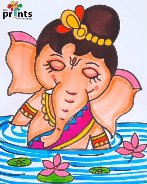 Ganapati Craft For Kids, Easy Ganesh Drawing For Kids, Little Ganesha Drawing, Festival Drawing Indian, Vinayaka Drawing, Ganesh Drawing For Kids, Ganesha Easy Drawing, Sari Drawing, Ganpati Drawing For Kids