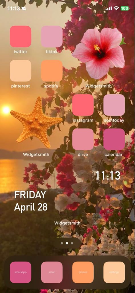 Iphone Ios Aesthetic Ideas, Phone Homescreen Ideas Aesthetic, Pink Orange Summer Aesthetic, Summer Wallpaper Iphone Widgets, Summer Phone Design, Summer Aesthetic Homescreen Layout, Ios Summer Aesthetic, Summer Phone Theme Aesthetic, Summer Phone Theme Ideas