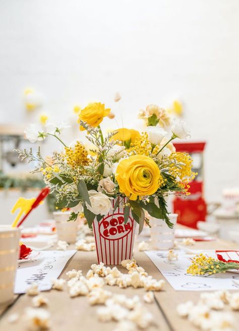 Popcorn Box Floral Arrangement from a Popcorn Party on Kara's Party Ideas | KarasPartyIdeas.com (17) National Popcorn Day, Popcorn Day, Popcorn Theme, Colored Popcorn, Popcorn Party, Carnival Themed Party, Movie Night Party, Carnival Birthday Parties, Popcorn Box