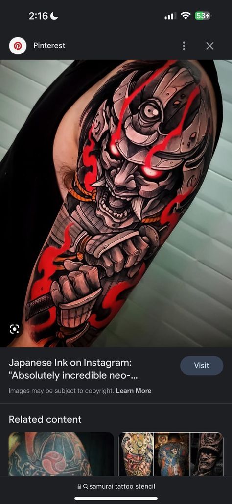 Wave Tattoo Sleeve, Arm Tattoos Color, Top Of Shoulder Tattoo, Samurai Mask Tattoo, Mascara Oni, Tattoos Abstract, Samurai Tattoo Sleeve, Shoulder Armor Tattoo, Oni Mask Tattoo