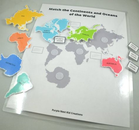 Continents and Oceans of the World Mini Bundle- 8-page digital download (includes cover page)This mini bundle contains the following:- Match the Continents and Oceans of the World - Match Animals to Continents (including an answer key)- laminate all sheets and attach hook & loop dots (velcro dots) to each piece to make these reusable activity worksheets**This is a DIGITAL DOWNLOAD. No physical product will be mailed to you. You will receive a PDF file for printing on regular 8.5"x11" paper. Maps For Kindergarten, Preschool Continents, Continents Activities, Busy Binder, Continents And Oceans, Christian Activities, Map Pattern, Animal Habitats, Educational Printables