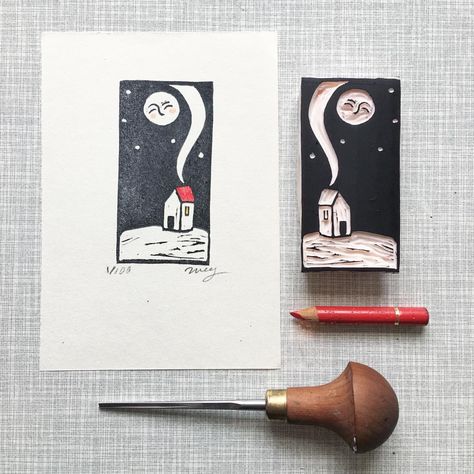 5,952 Likes, 34 Comments - Wies • illustrator • (@sowiesowies) on Instagram: “'Everything will be just fine'. Upcoming orders will get this tiny print as an extra, as long as it…” Linoleum Printmaking, Diy Stamps, Linoleum Print, Linocut Printmaking, Lino Art, Hand Carved Stamps, Stamp Carving, Relief Printing, Linocut Art