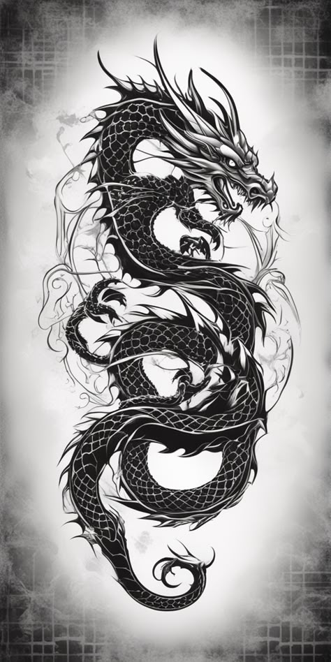 A stencil-style dragon tattoo design, starkly presented in monochrome black and white, positioned dominantly over a blank canvas. The intricate details and curves of the mythical beast are expertly captured. Polynesian Dragon Tattoo, Ichibay Tattoo, Scale Tattoo Design, Dragon Tattoo Shoulder, Side Body Tattoo, Thigh Piece Tattoos, Samurai Tattoo Sleeve, Black Dragon Tattoo, Dragon Head Tattoo