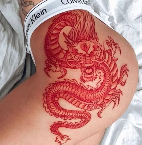 Chinese Dragon Rib Tattoo, Chinese Dragon Hip Tattoo, Dragon On Thigh Tattoo, Red Dragon Thigh Tattoo, Red Chinese Dragon Tattoo, Abg Tattoo, Red Hip Tattoo, Dragon Tattoo On Thigh, Dragon Tattoo Outline