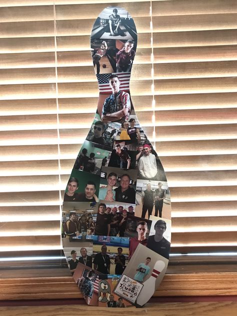 I made this for my son’s graduation party as part of a photo display Bowling Graduation Party, Bowling Graduation Party Ideas, Bowling Senior Night Ideas, Grad Tables, Bowling Party Decorations, Grad Table, Bowling Pin Crafts, Graduation Display, Senior Board