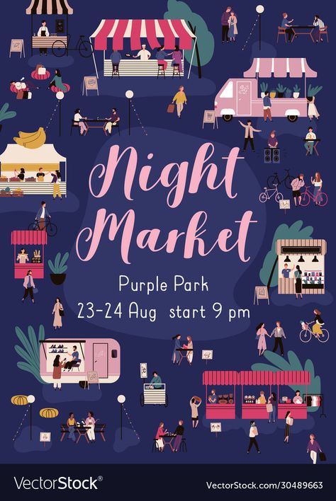 Market Poster, People Walking, Vertical Poster, Book Fair, Night Market, Urban Street, Cartoon Style, Book Illustration, Children’s Books