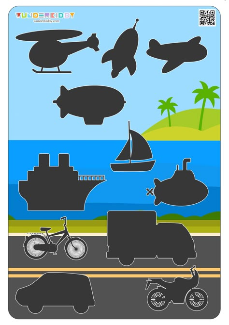 Educational velcro-game Transportation is meant to get children to learn means of transportation, develop their vocabulary, speaking skills, logical thinking and attention. The task is to place means of transportation on their places: on the water, in the sky, or on the road. Print template sheets and cut out transport images. Depending on the age, select one of the playfields: with shadows and without them. Then ask a child to take an image of a vehicle and define its way: on the water, in t... Air Transportation Activities, Air Transportation Preschool, Transportation Matching, Transport Images, Transportation Preschool Activities, Transportation Activities, Transportation Preschool, Montessori Art, Preschool Activities Toddler